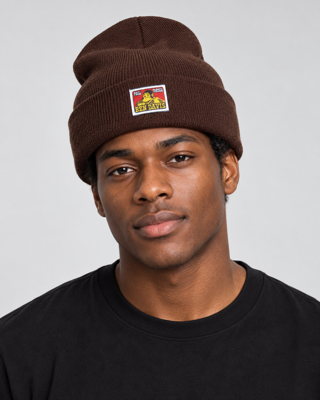 Brown Ben Davis beanie on original AI model beanie-brown