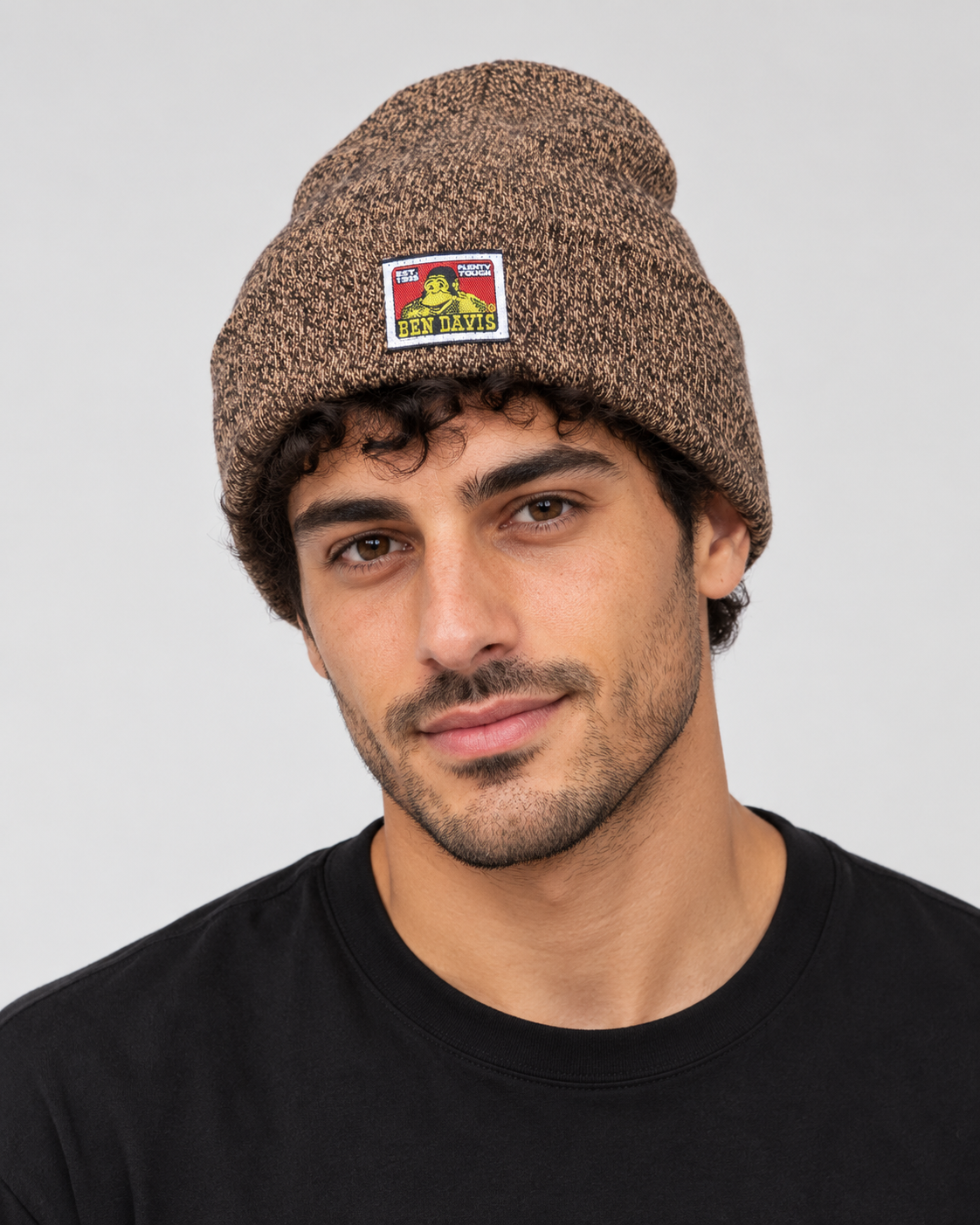 Marled Brown Ben Davis beanie on original AI model beanie-marled-brown