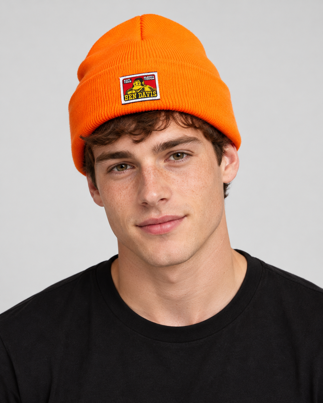 Orange Ben Davis beanie on original AI model beanie-orange