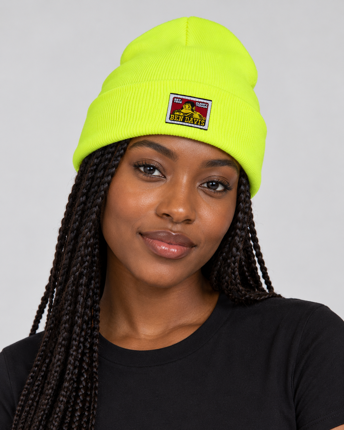 Safety Yellow Ben Davis beanie on original AI model beanie-safety-yellow