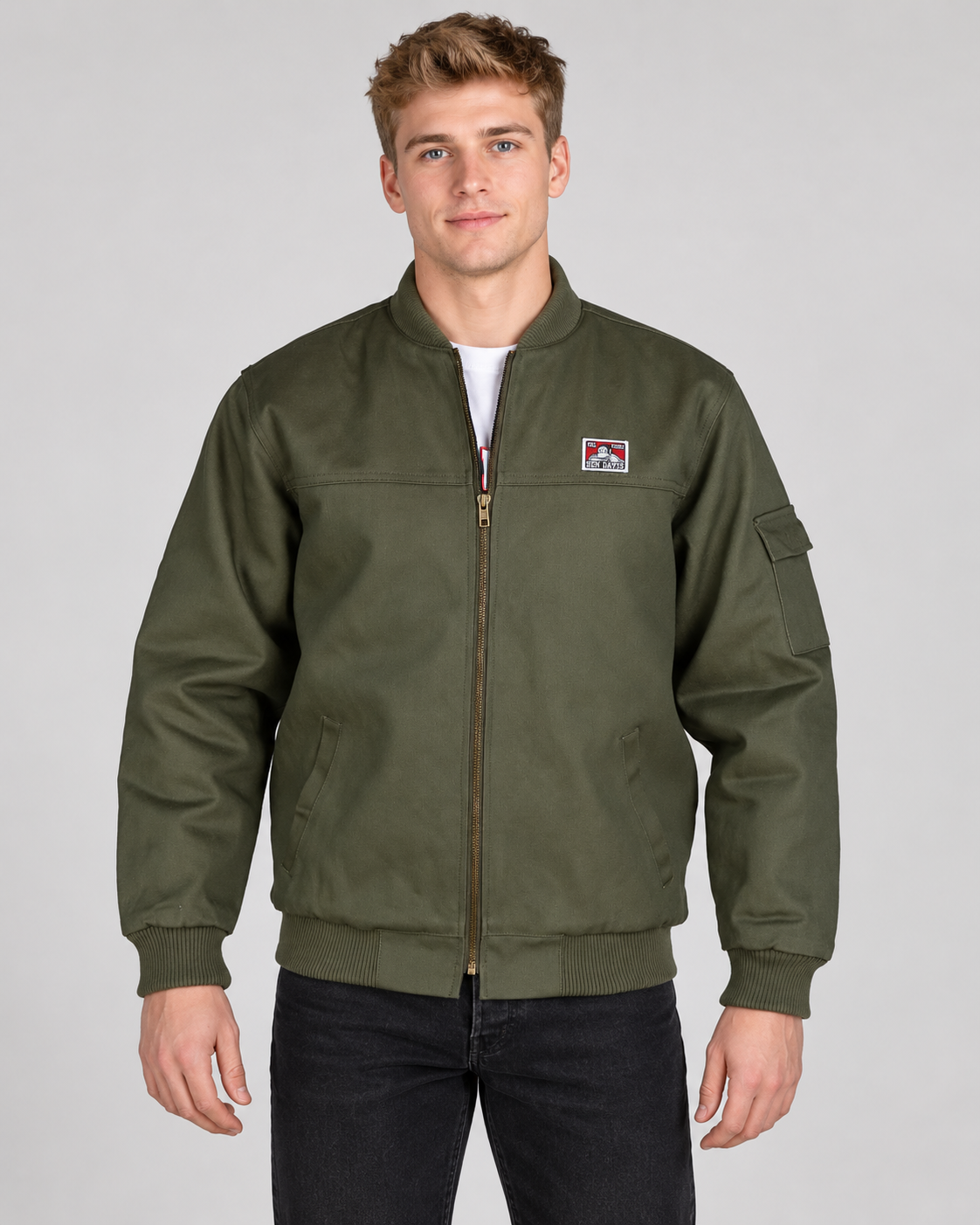 Olive Ben Davis Bomber Jacket on original AI model bomber-olive