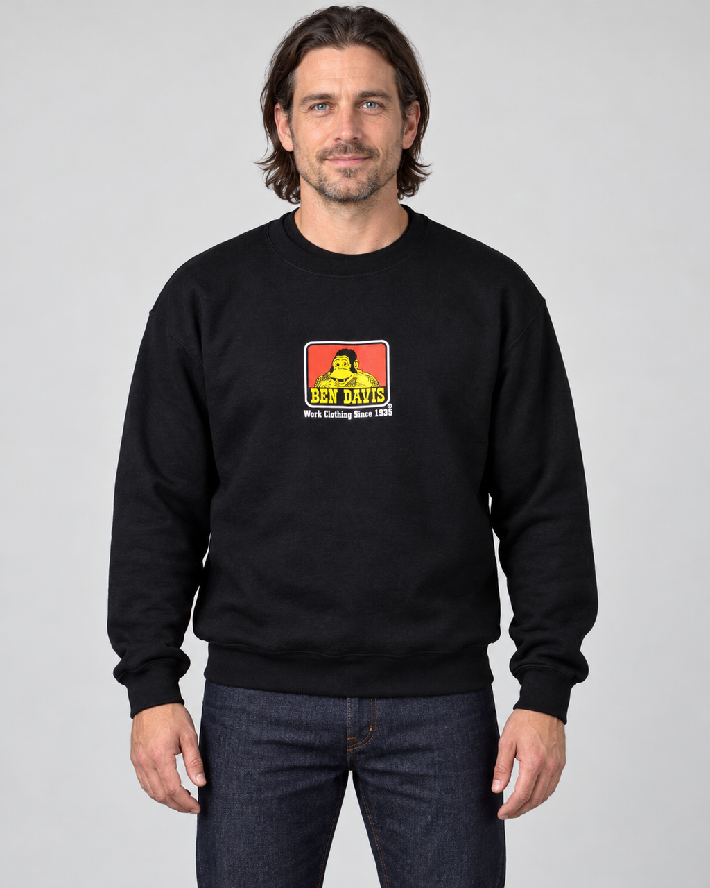 Black Ben Davis Crew Neck Sweatshirt on original AI model crew-men-1