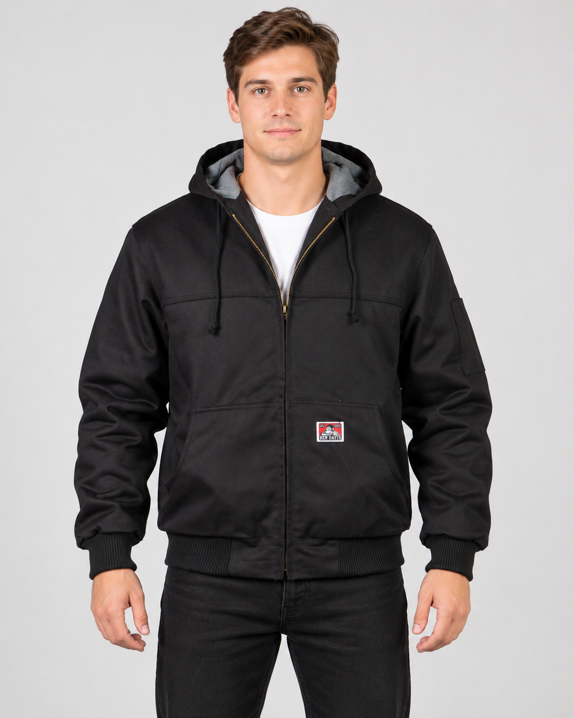 Black Ben Davis Full-Zip Hooded Jacket on original AI model hood-man-1