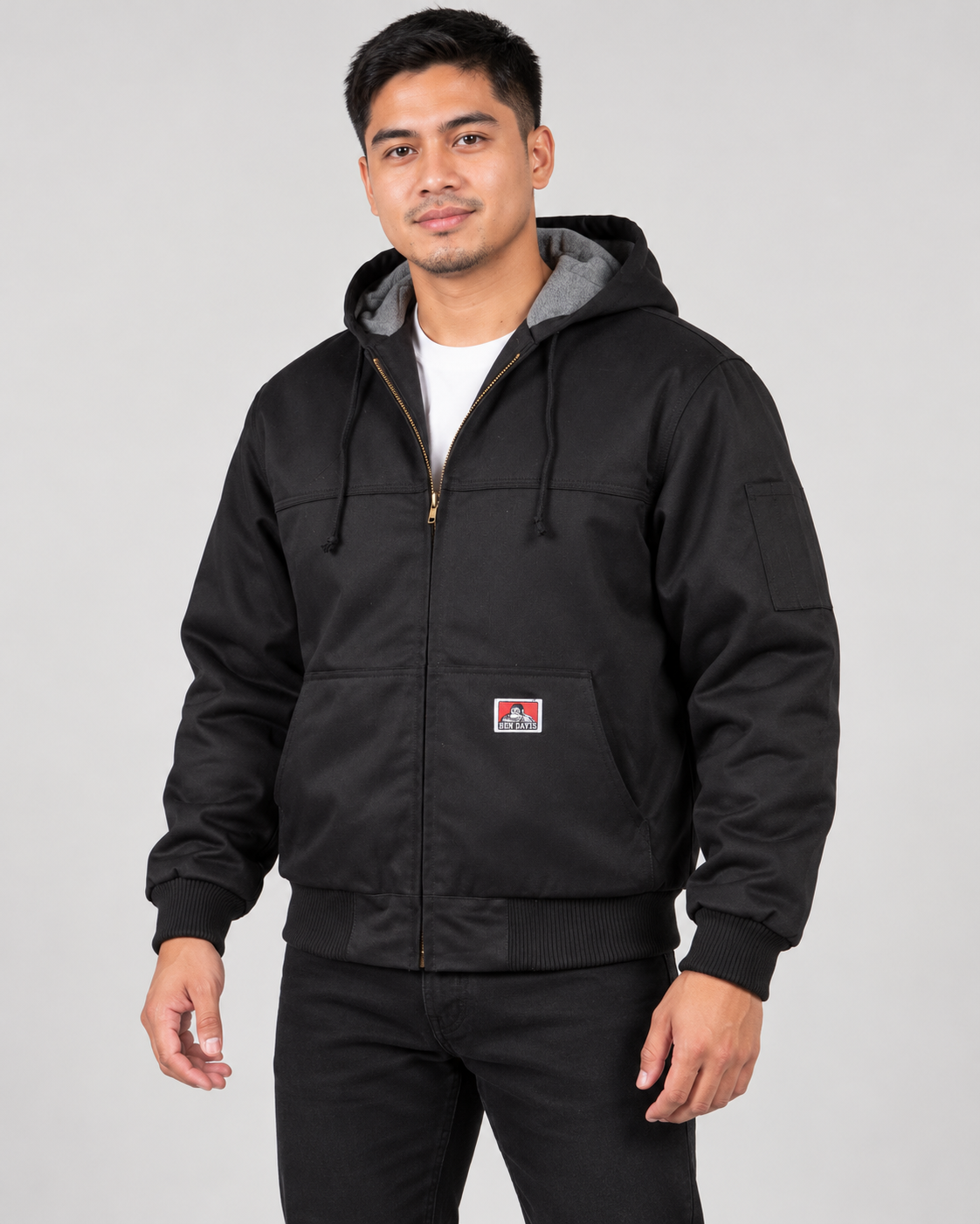 Black Ben Davis Full-Zip Hooded Jacket on original AI model hood-man-2