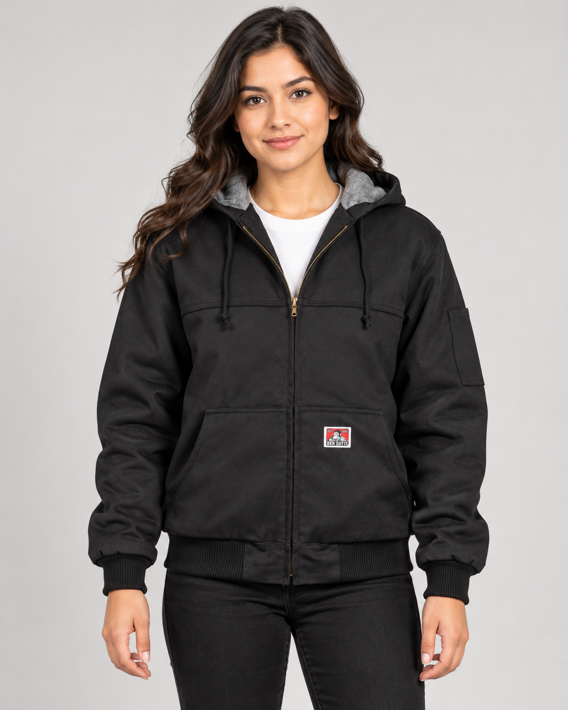Black Ben Davis Full-Zip Hooded Jacket on original AI model hood-woman