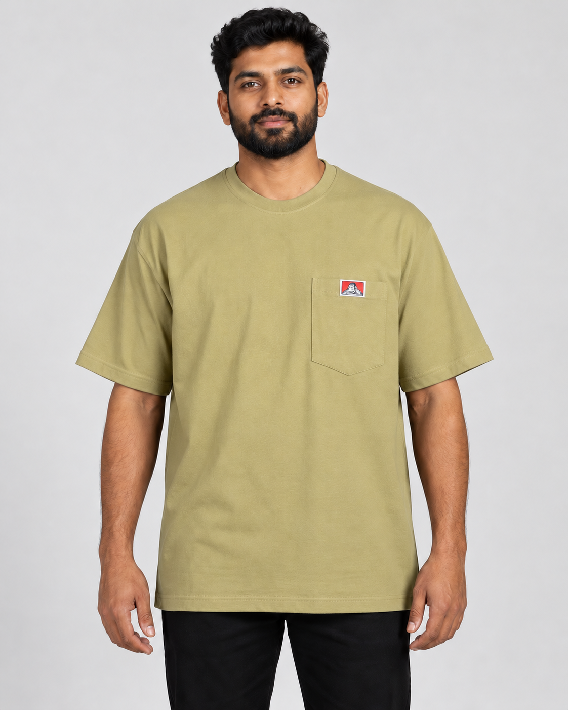 Khaki Ben Davis Heavy Duty pocket T-shirt on AI model