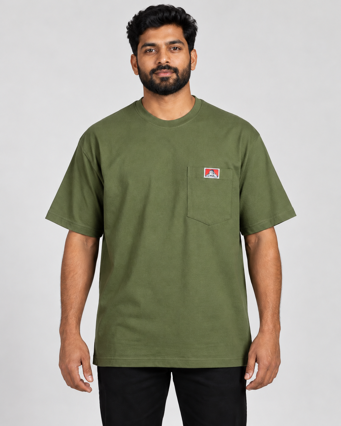 Olive Ben Davis Heavy Duty pocket T-shirt on AI model
