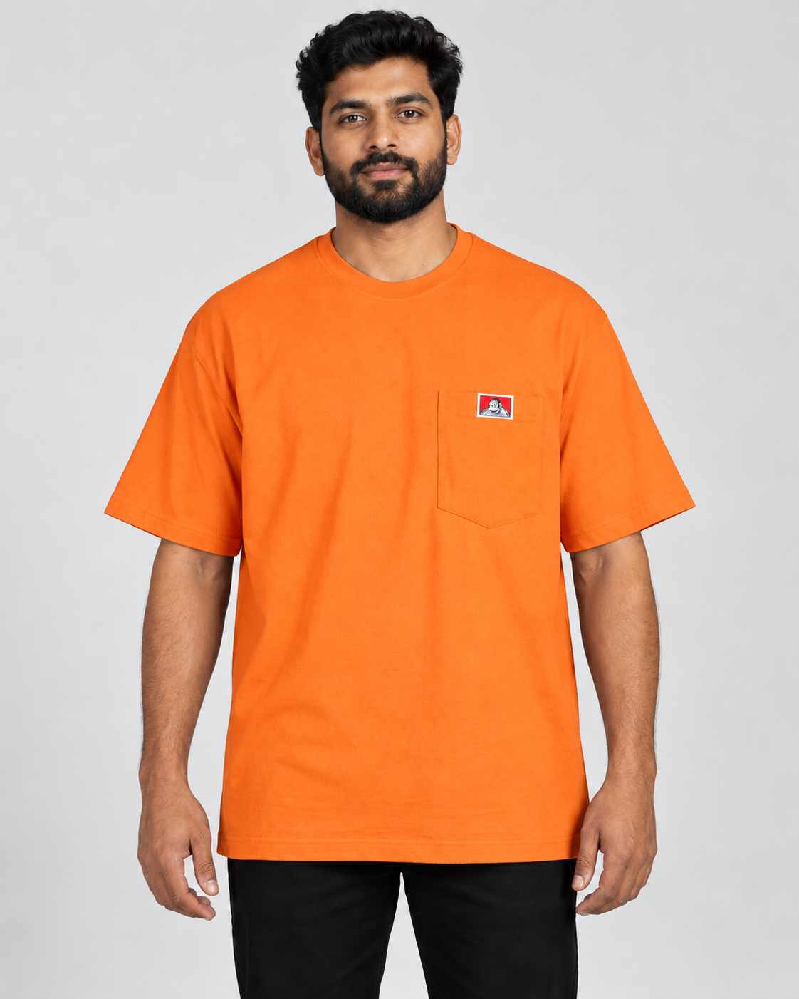 Orange Ben Davis Heavy Duty pocket T-shirt on AI model