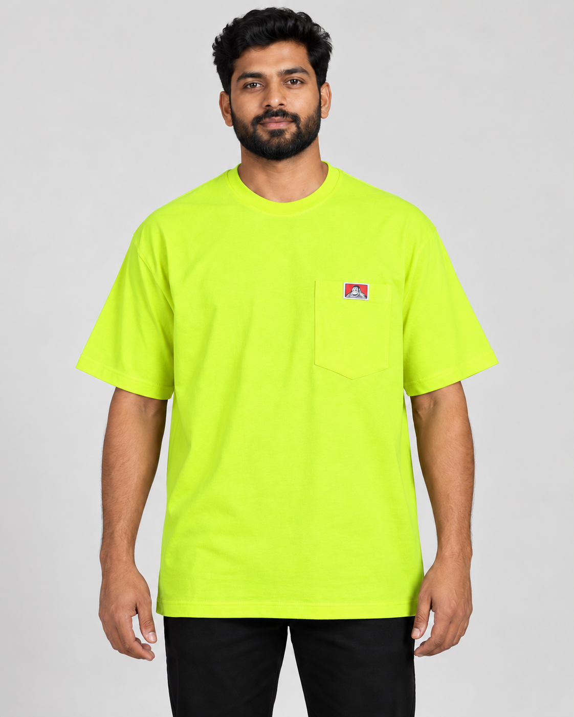Safety Green Ben Davis Heavy Duty pocket T-shirt on AI model