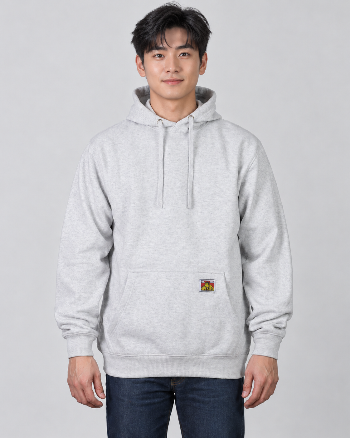 Ash Grey Ben Davis Heavyweight Pullover Hoodie on young adult AI male model