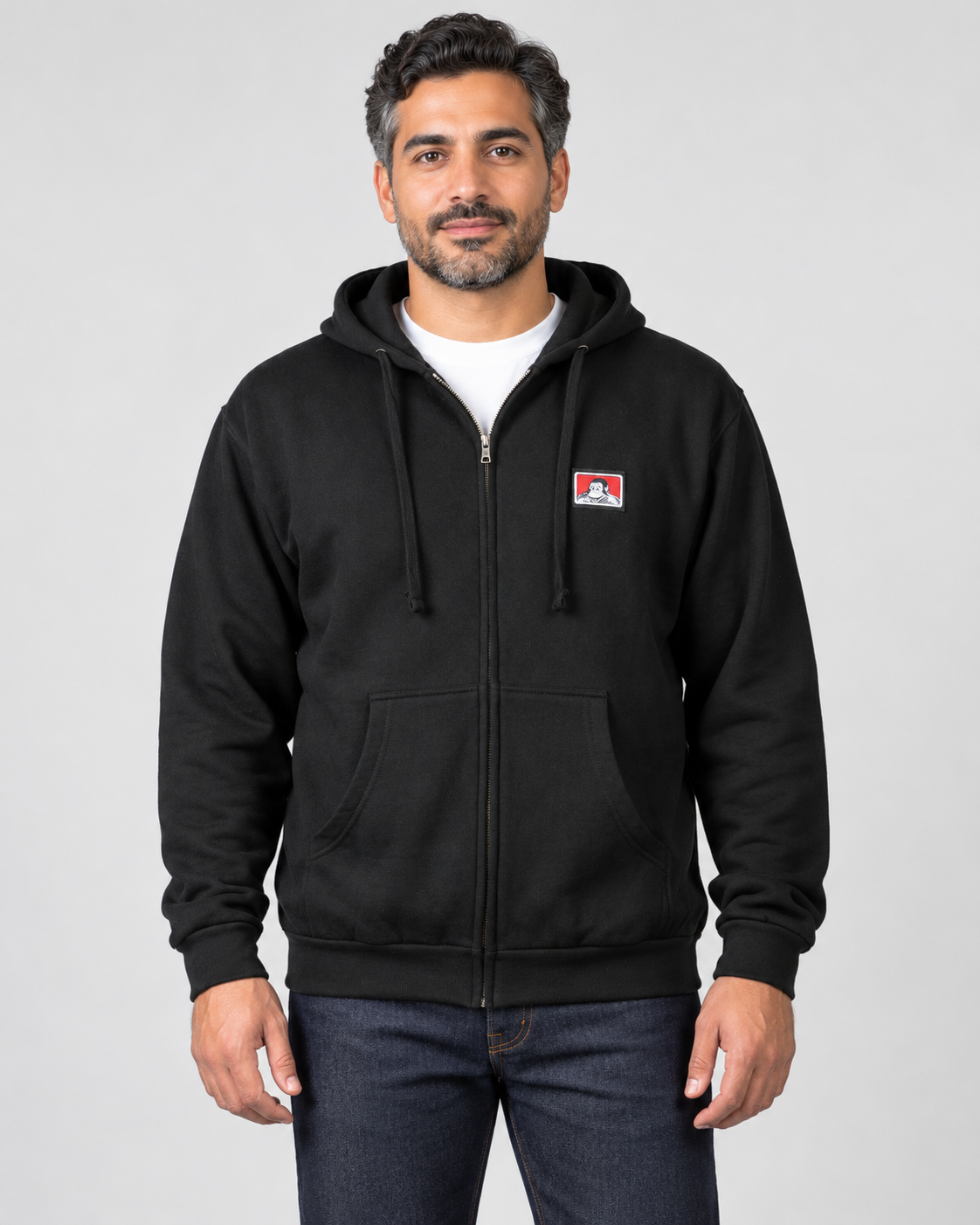 Black Ben Davis Hooded Full Zip Sweatshirt on original AI model zip-men-1