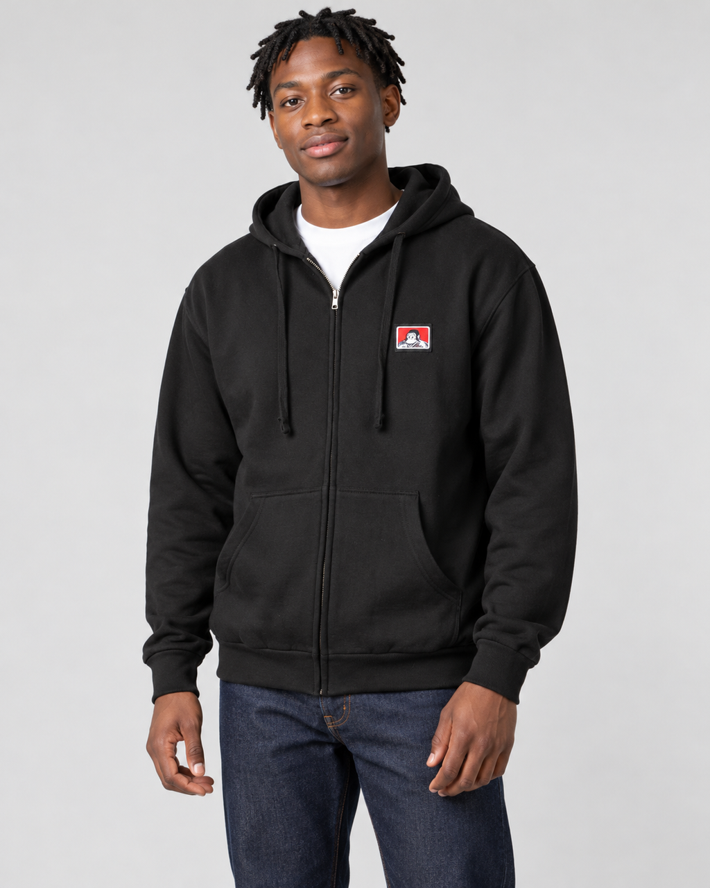 Black Ben Davis Hooded Full Zip Sweatshirt on original AI model zip-men-2