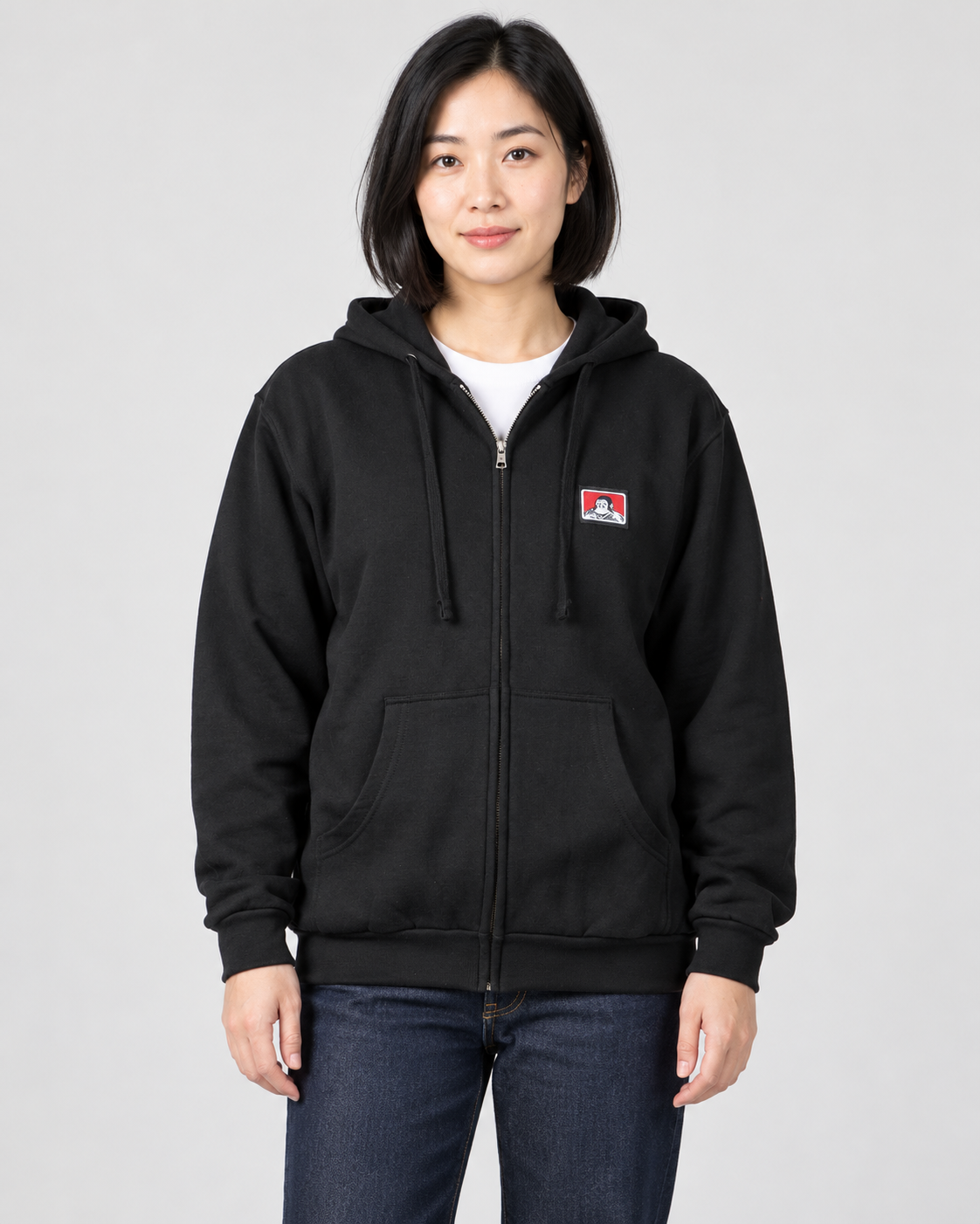 Black Ben Davis Hooded Full Zip Sweatshirt on original AI model zip-women