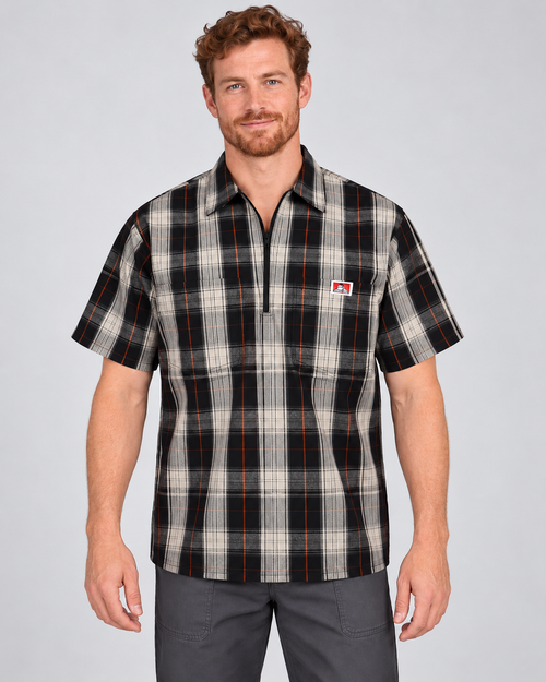 Black/Cream Ben Davis short sleeve plaid half-zip shirt on AI model