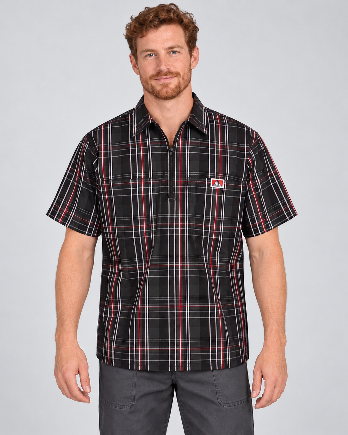 Black/Red Ben Davis short sleeve plaid half-zip shirt on AI model