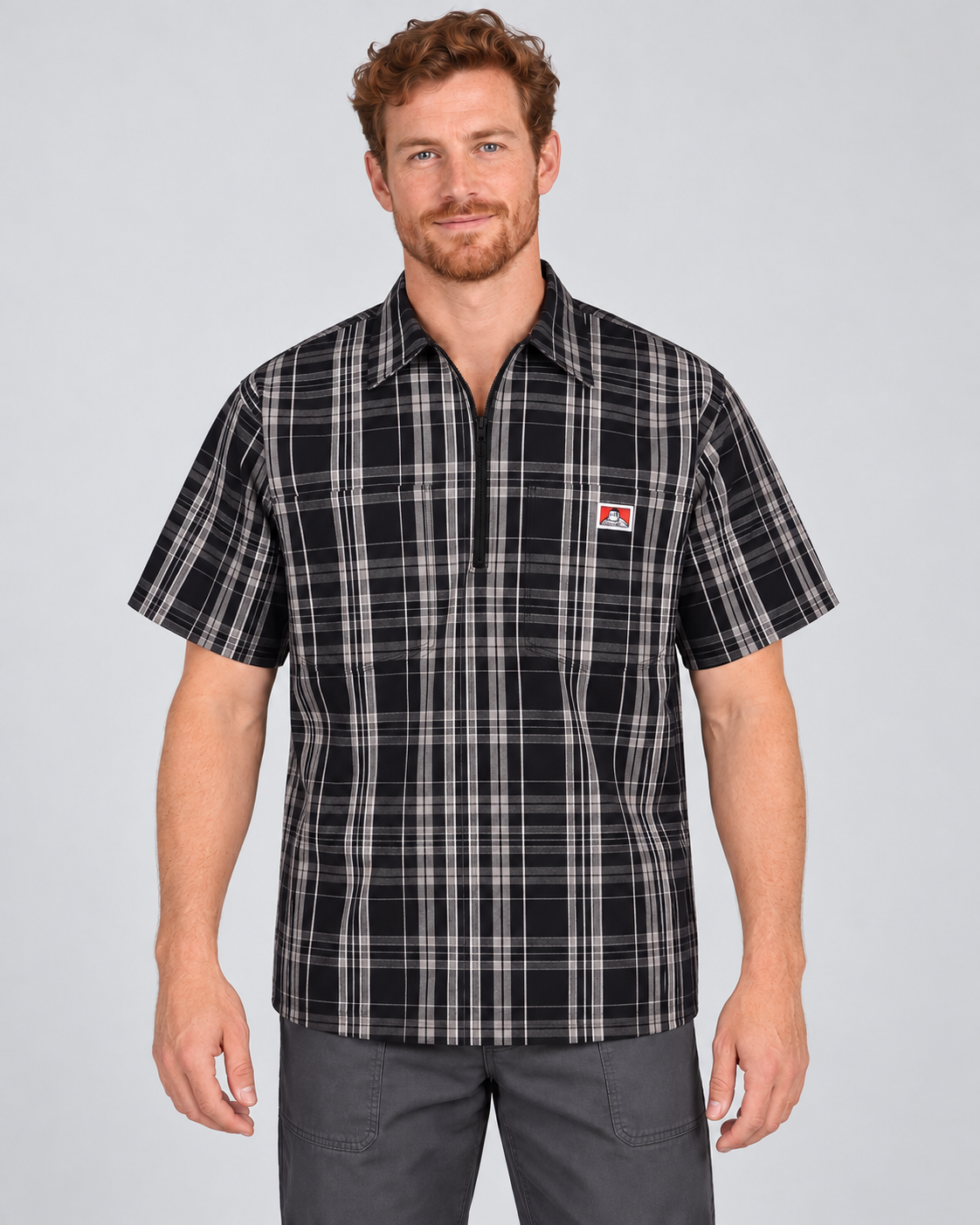 Black/White Ben Davis short sleeve plaid half-zip shirt on AI model