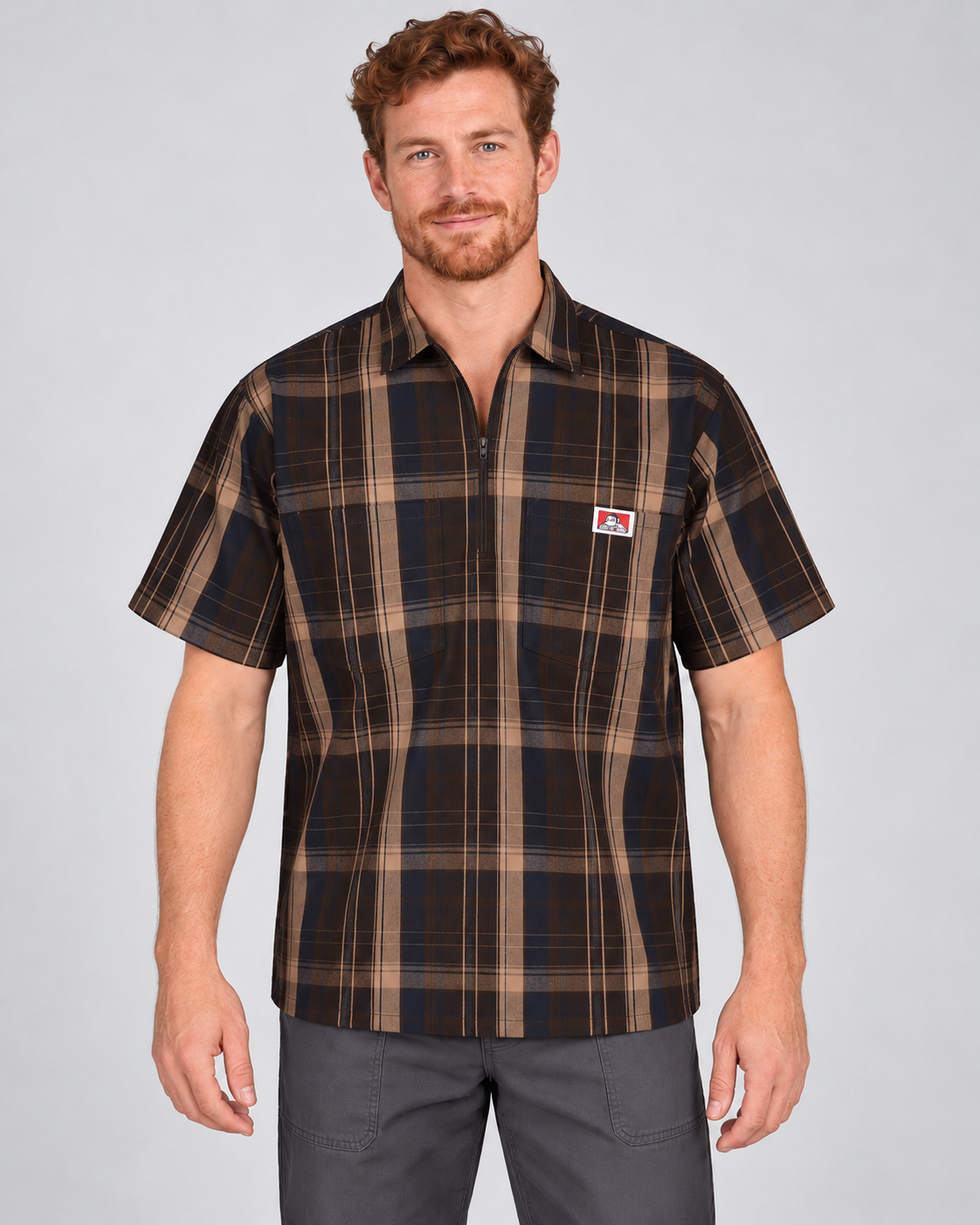 Brown Ben Davis short sleeve plaid half-zip shirt on AI model