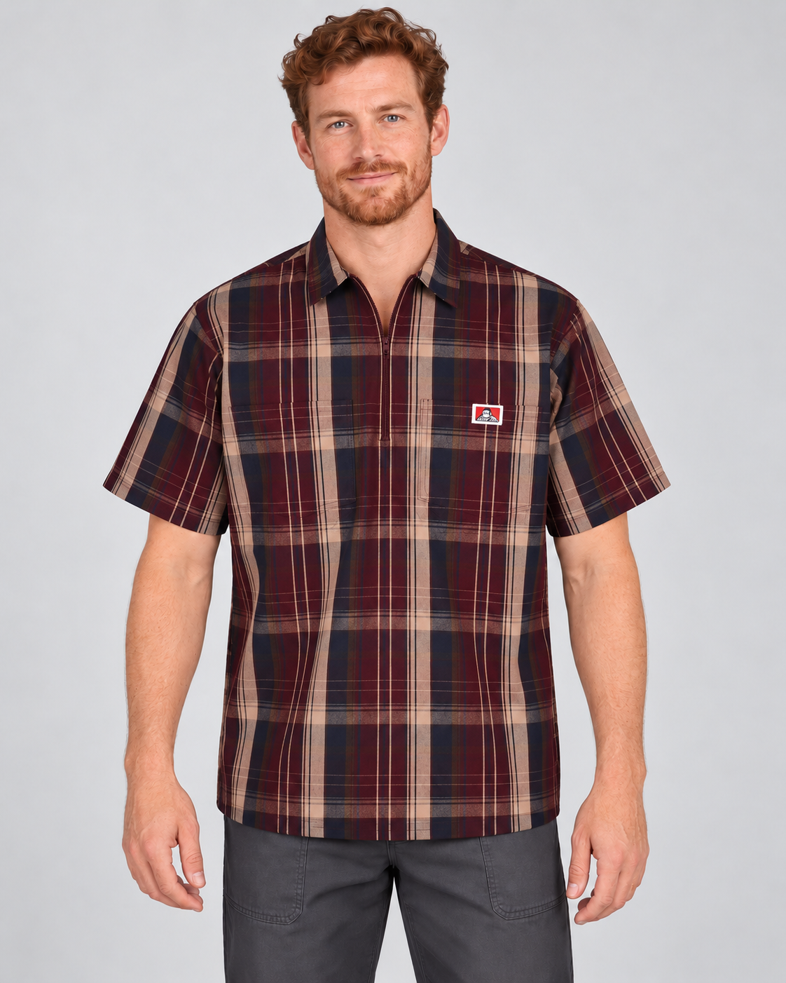 Burgundy Ben Davis short sleeve plaid half-zip shirt on AI model