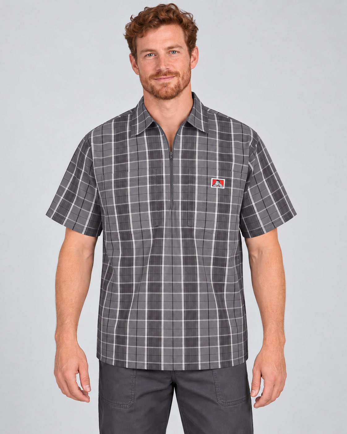 Grey/Black Ben Davis short sleeve plaid half-zip shirt on AI model