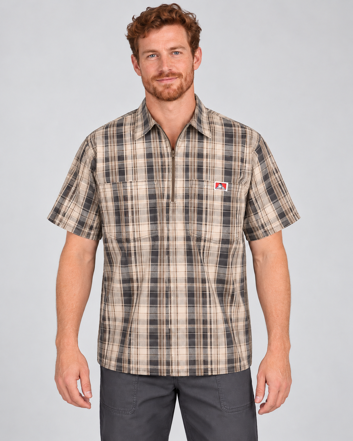 Khaki/Grey Ben Davis short sleeve plaid half-zip shirt on AI model