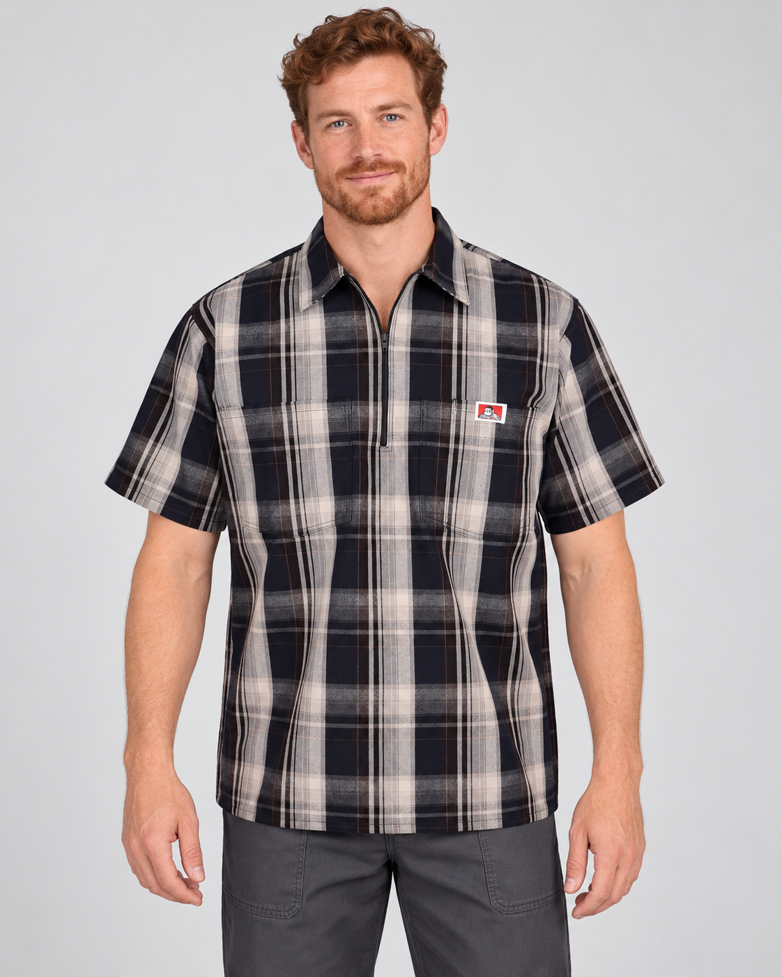 Navy/Grey Ben Davis short sleeve plaid half-zip shirt on AI model