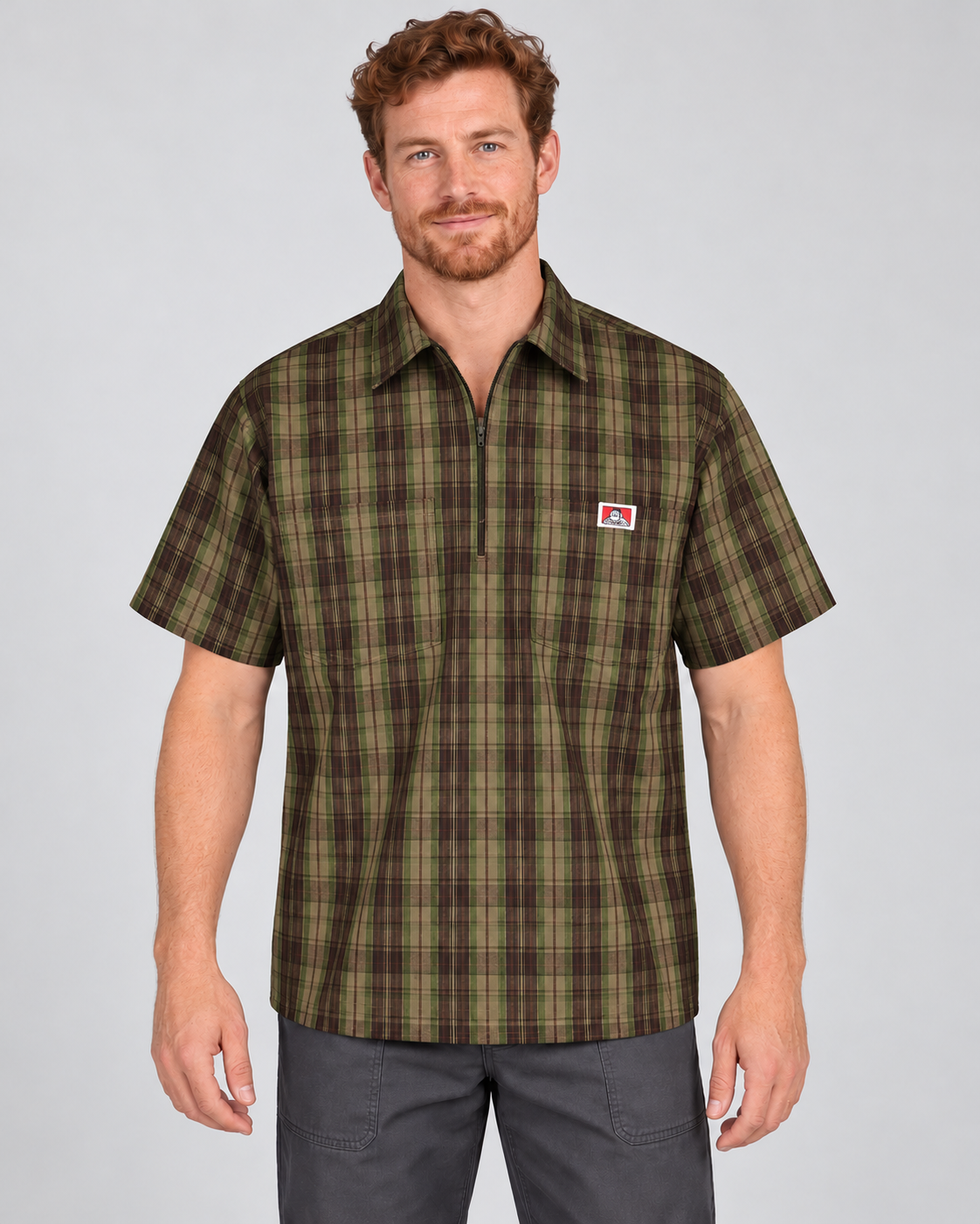 Olive Ben Davis short sleeve plaid half-zip shirt on AI model
