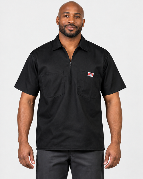 Black Ben Davis short sleeve solid half-zip shirt on AI model