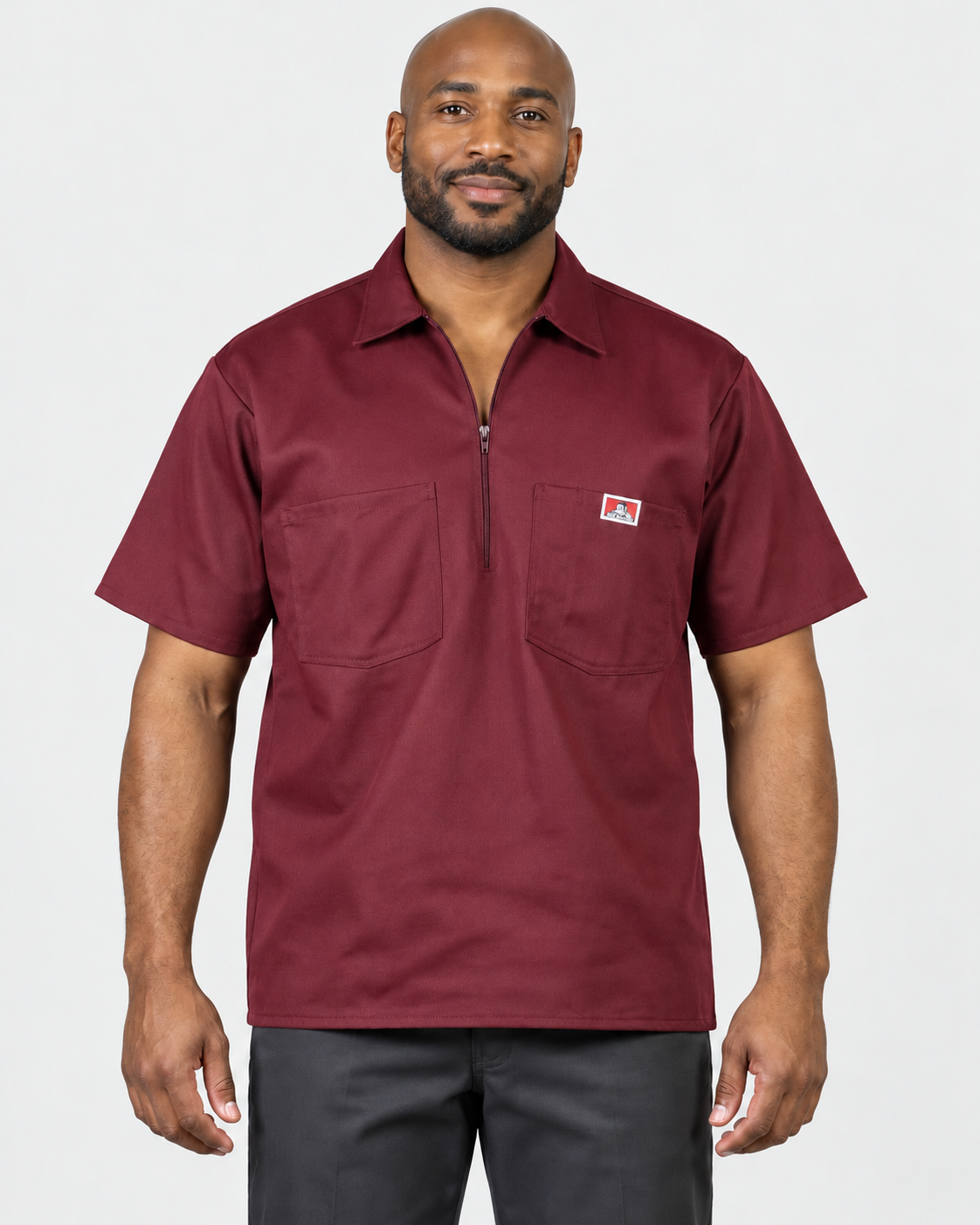 Burgundy Ben Davis short sleeve solid half-zip shirt on AI model