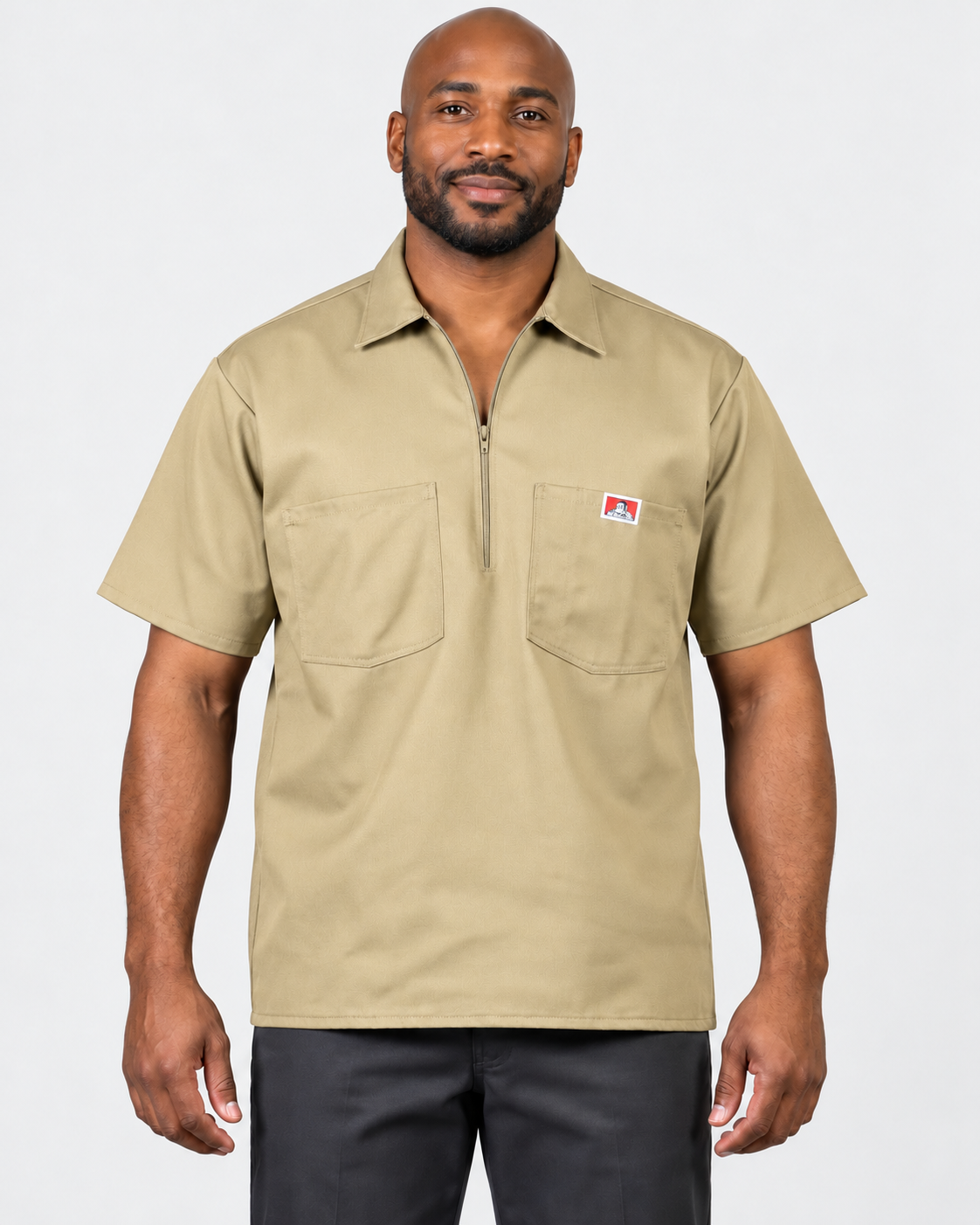 Khaki Ben Davis short sleeve solid half-zip shirt on AI model