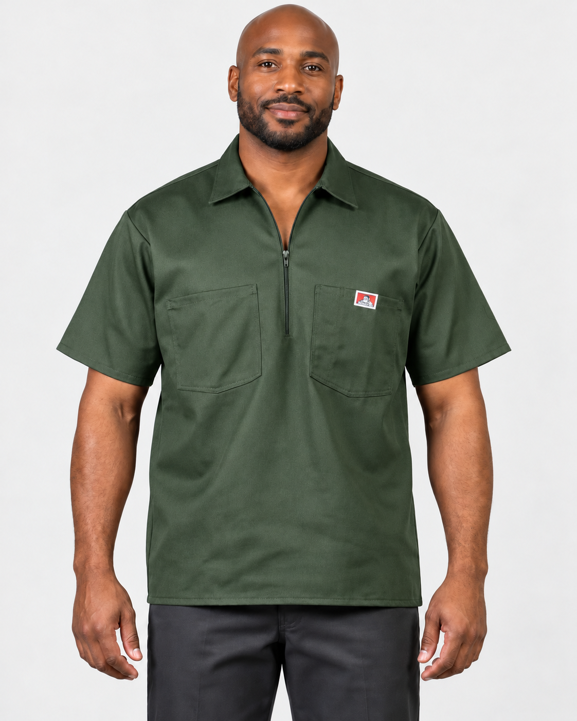 Olive Ben Davis short sleeve solid half-zip shirt on AI model