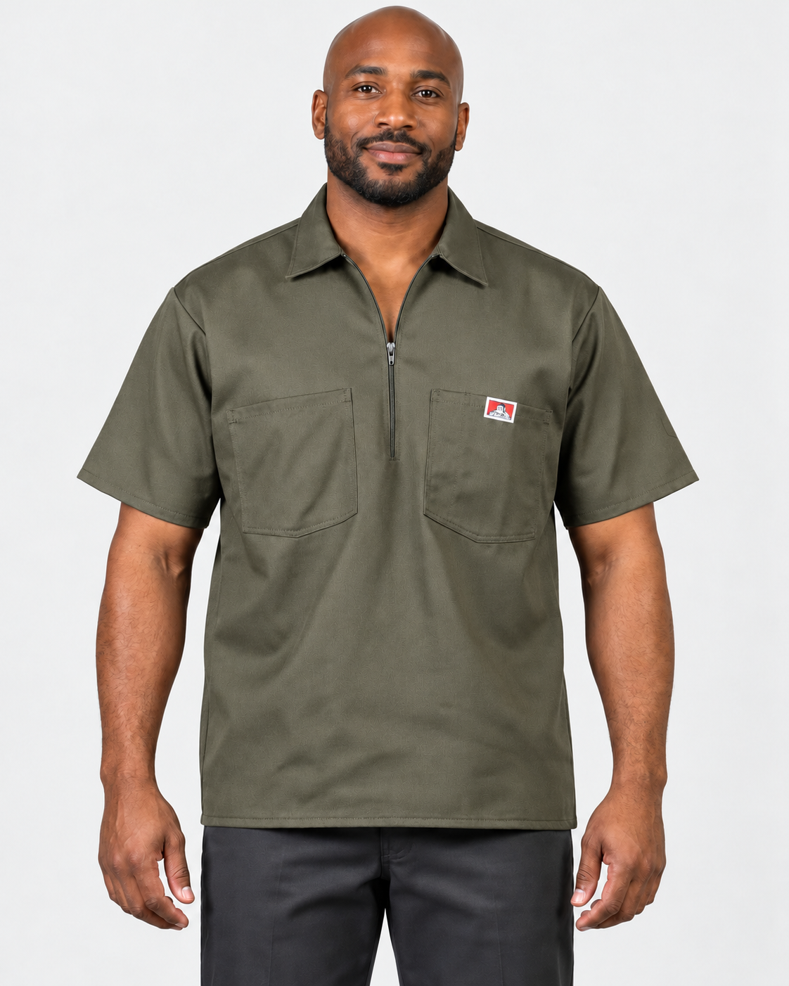 Olive Drab Ben Davis short sleeve solid half-zip shirt on AI model