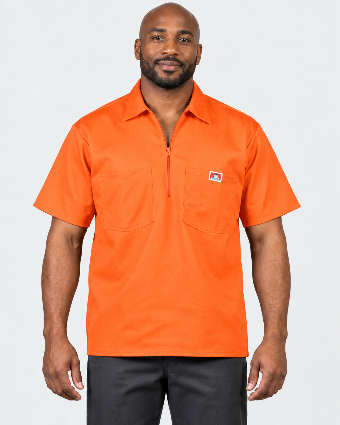Orange Ben Davis short sleeve solid half-zip shirt on AI model