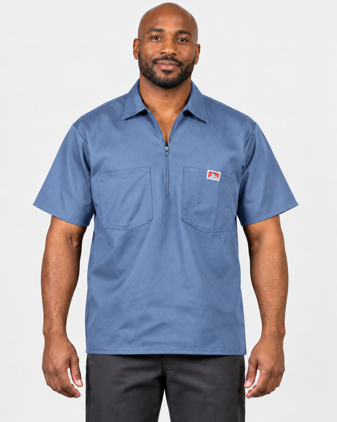 Steel Blue Ben Davis short sleeve solid half-zip shirt on AI model