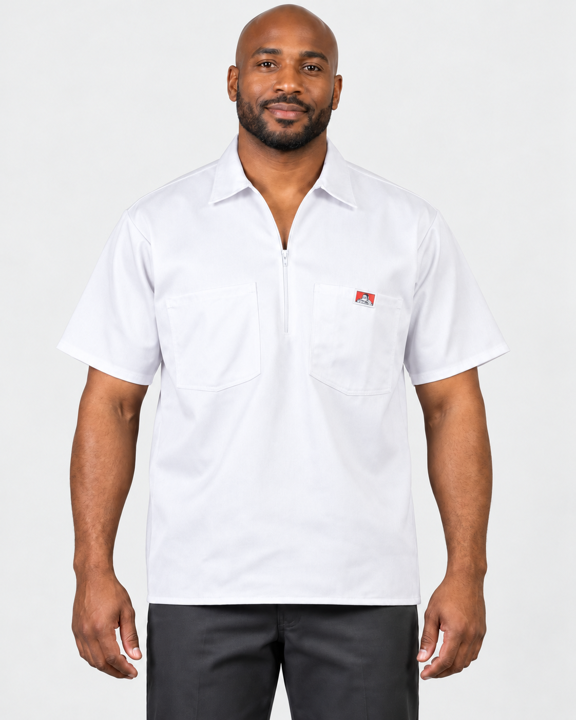 White Ben Davis short sleeve solid half-zip shirt on AI model