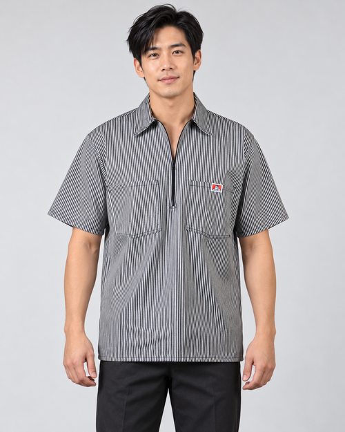 Black Ben Davis short sleeve striped half-zip shirt on AI model