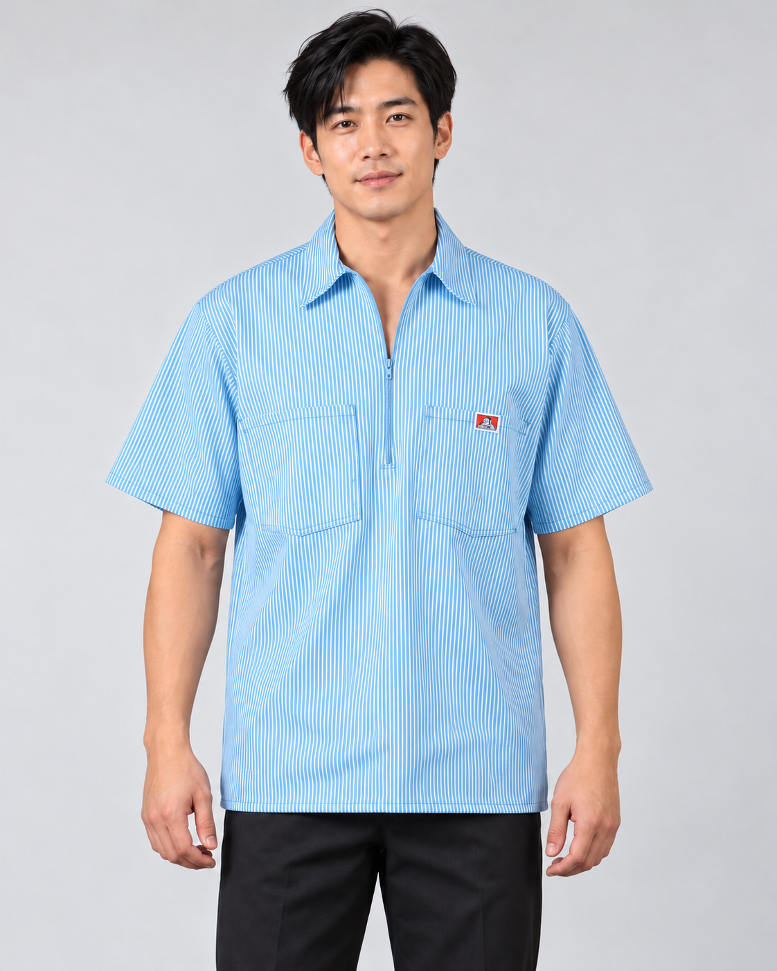 Blue Ben Davis short sleeve striped half-zip shirt on AI model