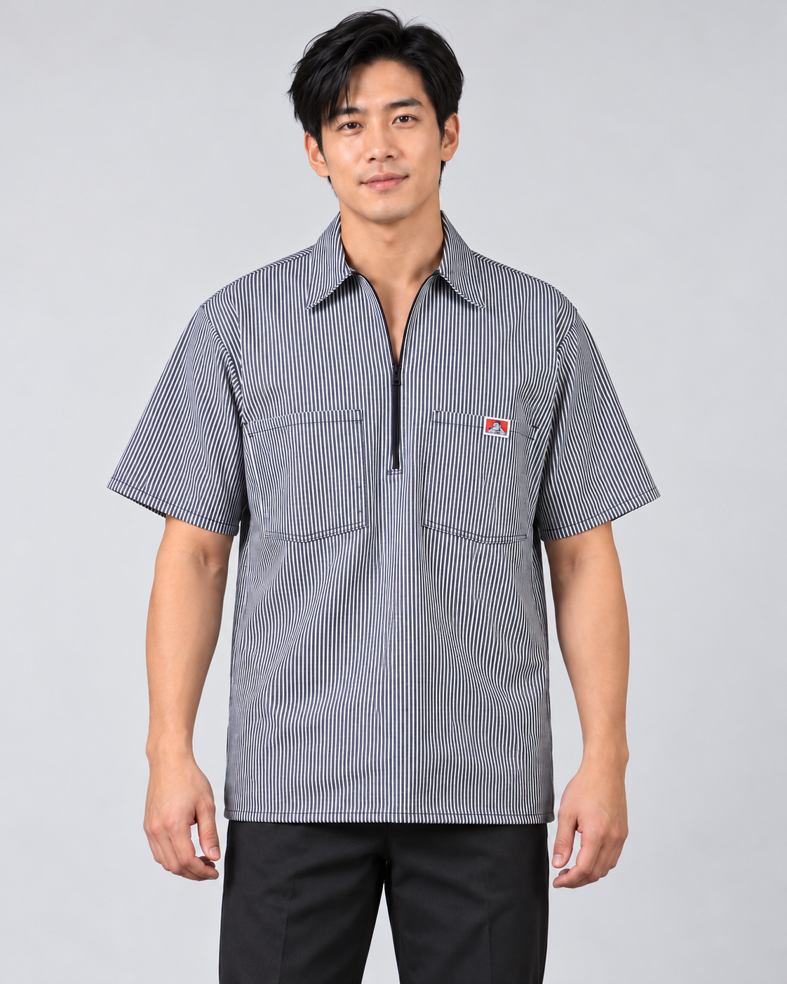 Brown Ben Davis short sleeve striped half-zip shirt on AI model