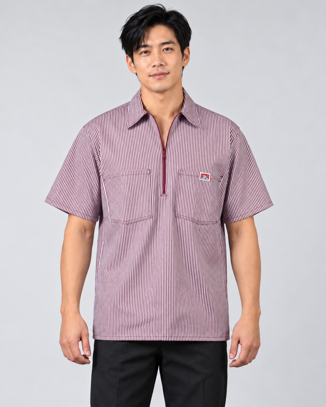 Burgundy Ben Davis short sleeve striped half-zip shirt on AI model