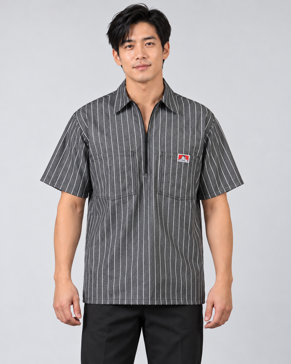 Butcher Stripe Ben Davis short sleeve striped half-zip shirt on AI model