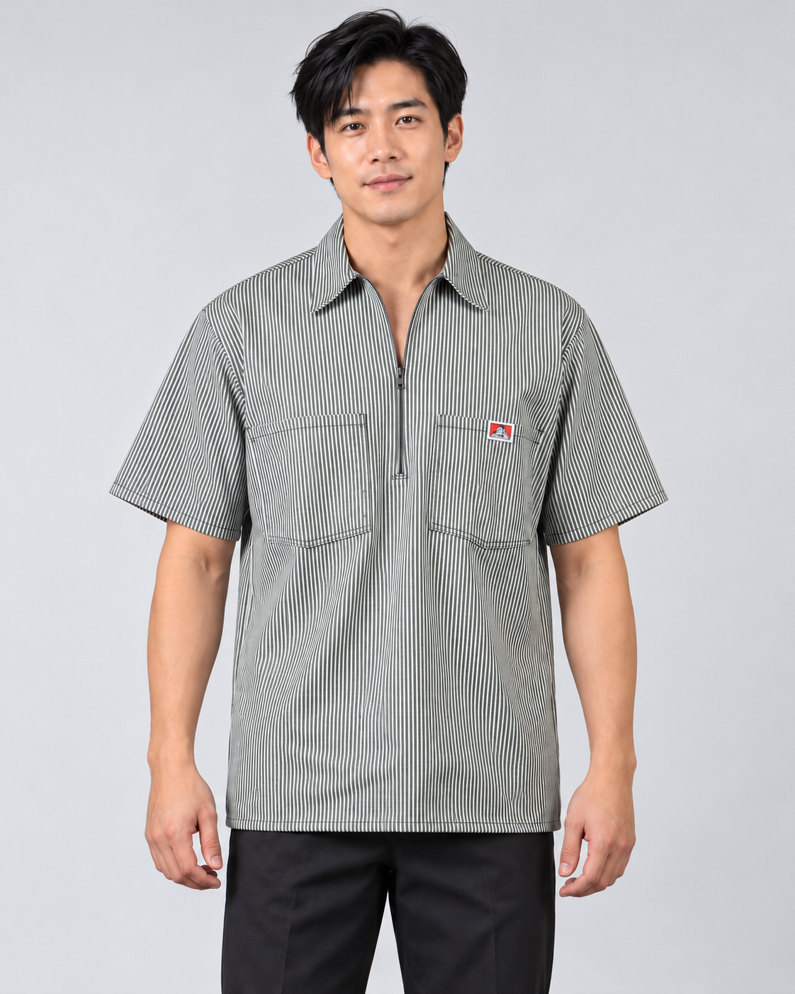 Green Ben Davis short sleeve striped half-zip shirt on AI model