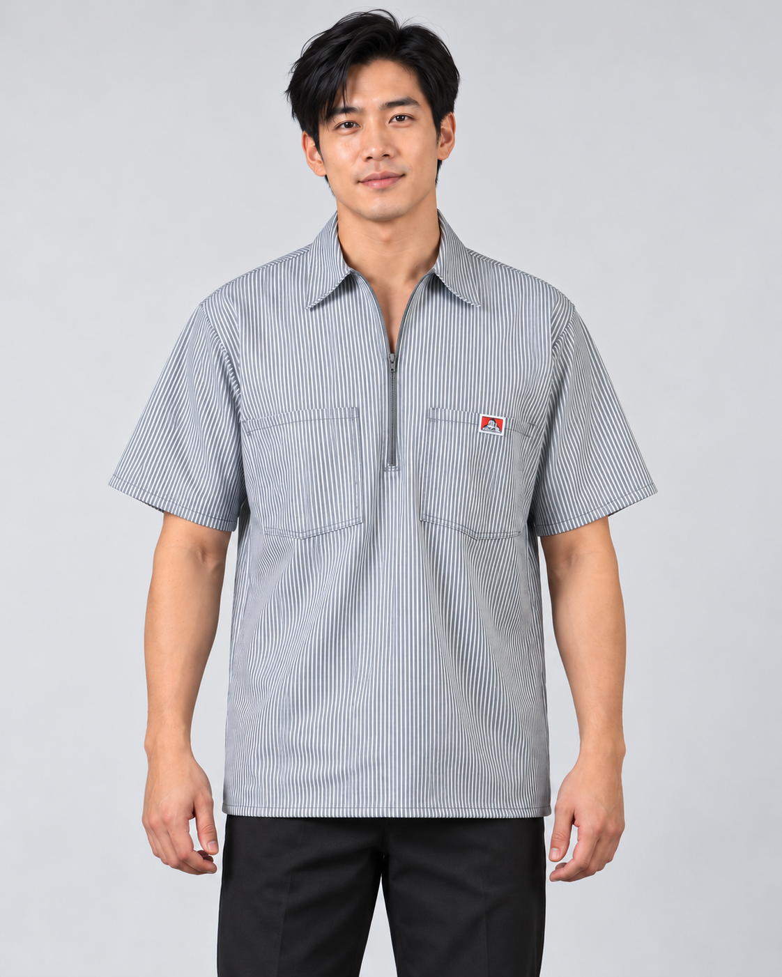 Grey Ben Davis short sleeve striped half-zip shirt on AI model