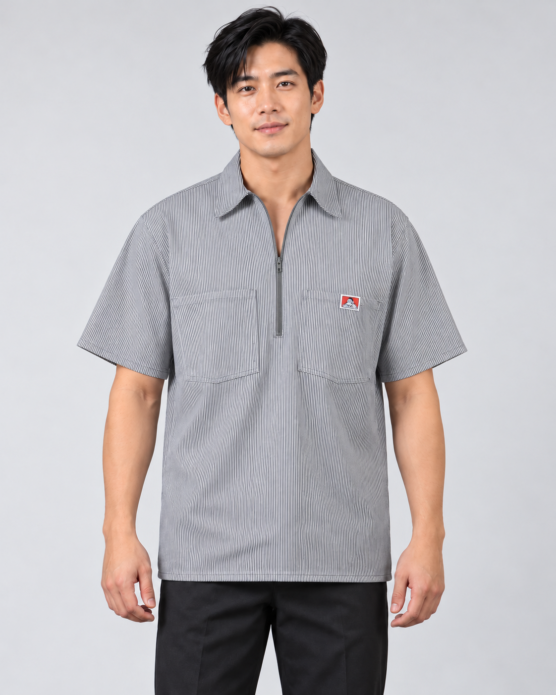 Hickory Ben Davis short sleeve striped half-zip shirt on AI model