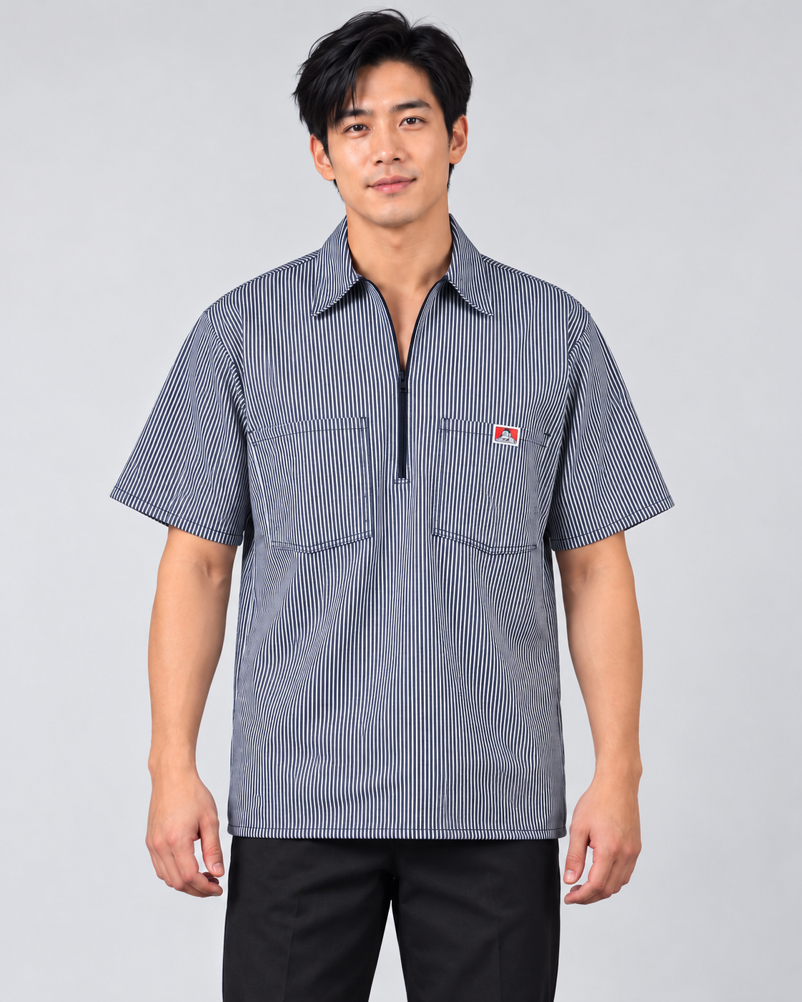 Navy Ben Davis short sleeve striped half-zip shirt on AI model