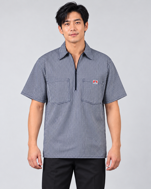 Navy Ben Davis short sleeve striped half-zip shirt on AI model
