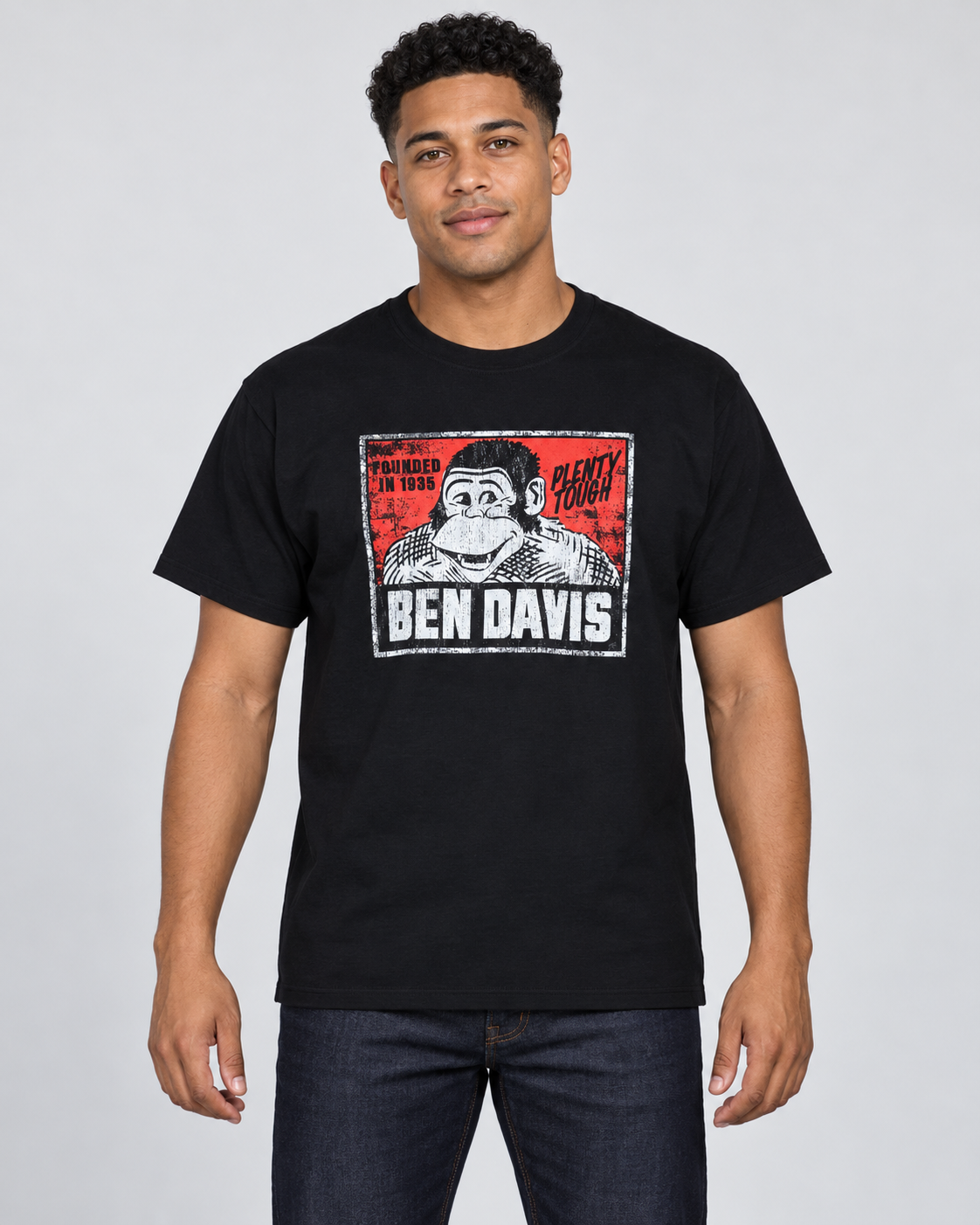 Black Ben Davis Vintage Logo T-Shirt on original AI male model