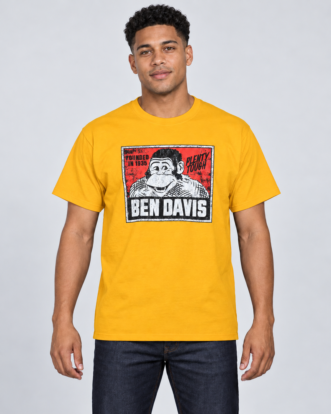 Gold Ben Davis Vintage Logo T-Shirt on original AI male model