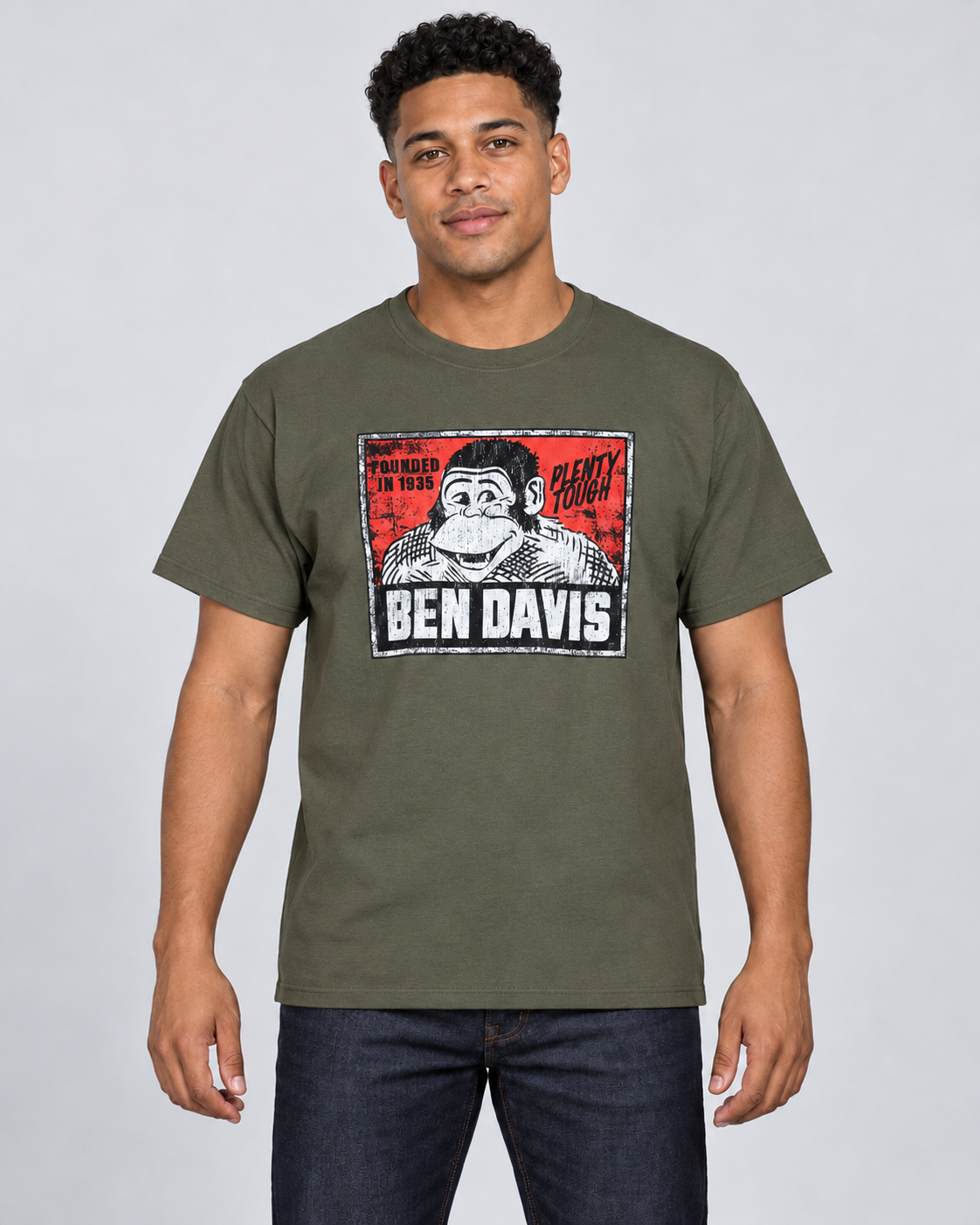 Olive Ben Davis Vintage Logo T-Shirt on original AI male model