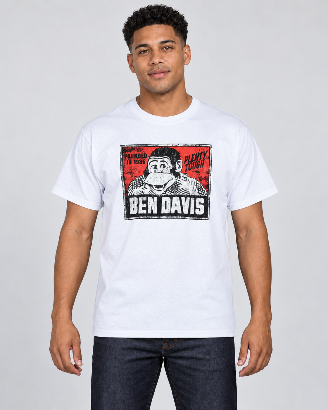 White Ben Davis Vintage Logo T-Shirt on original AI male model