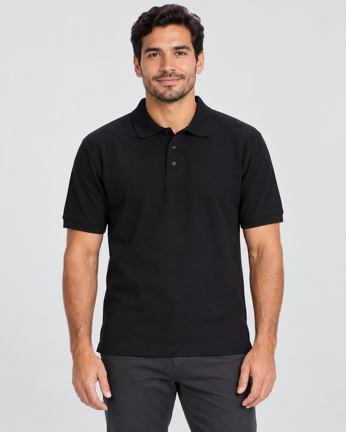 Black blank unisex piqué polo shirt on AI model