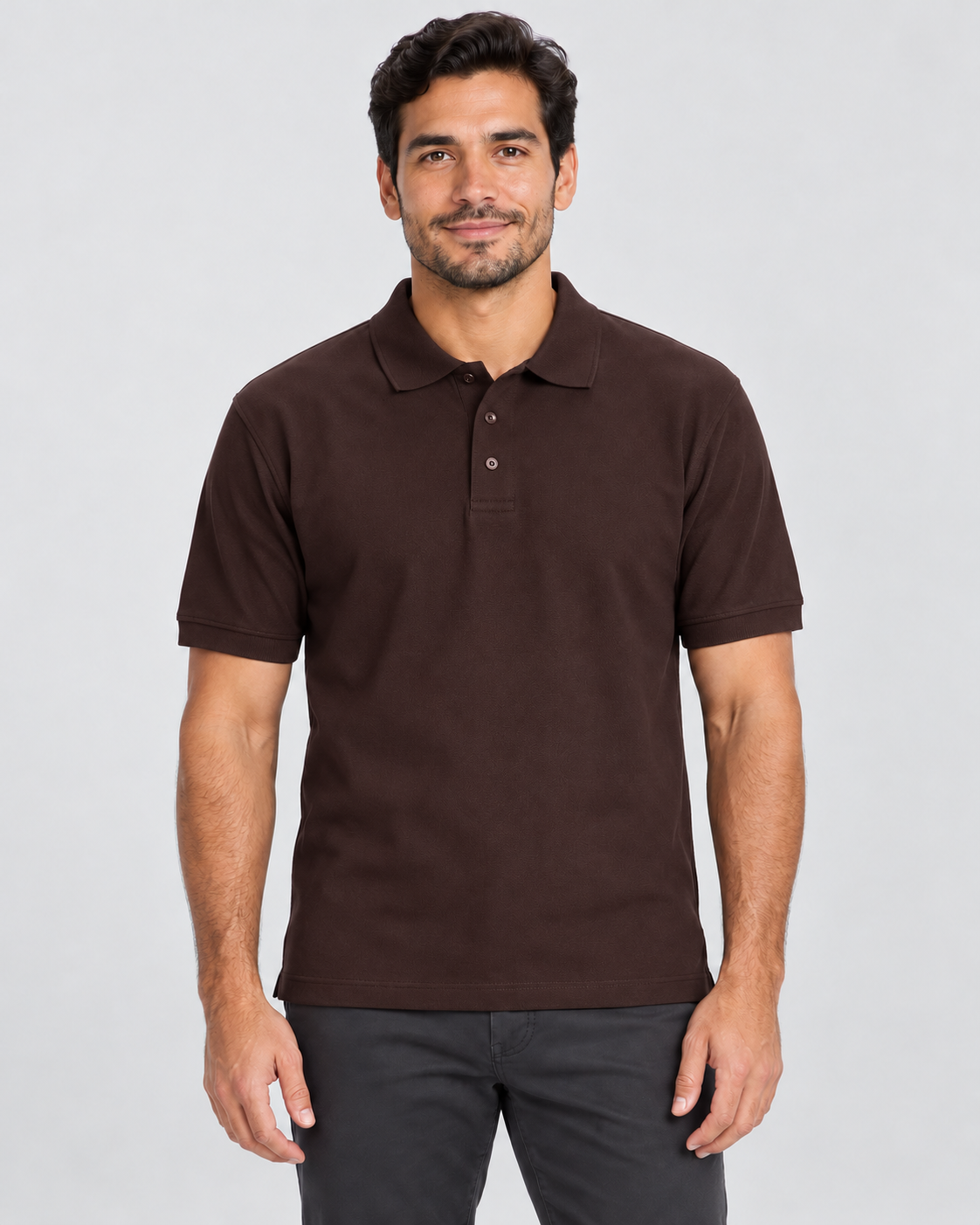 Brown blank unisex piqué polo shirt on AI model